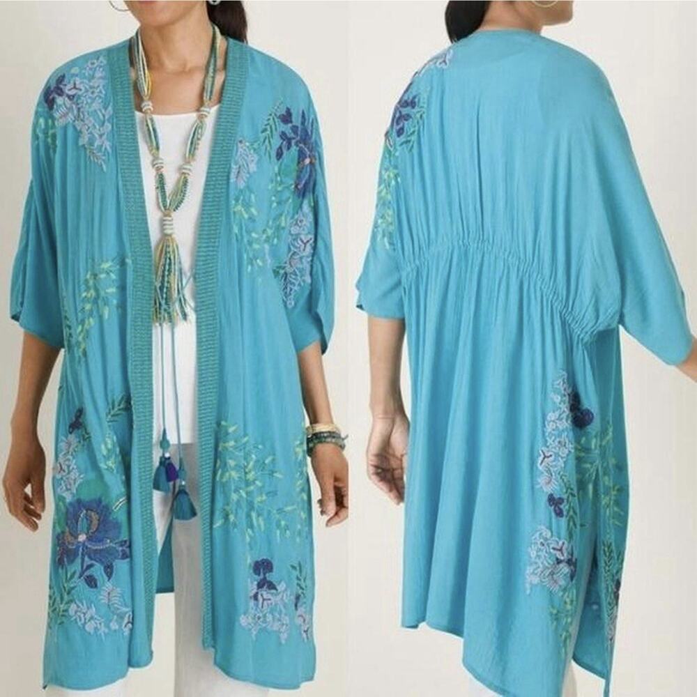 Chico's Aqua Blue Size S/M Embroidered Beaded Bohemian Duster Kimono Beach Cover
